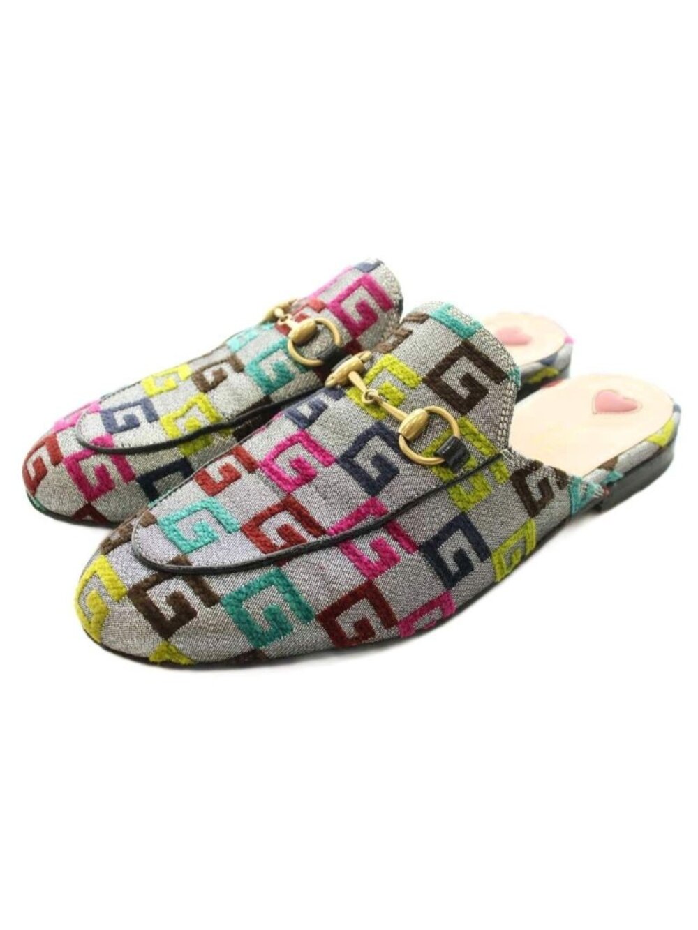 Gucci Prince Town Horsebit Mules All Over Print Corduroy Logo Silver Colored